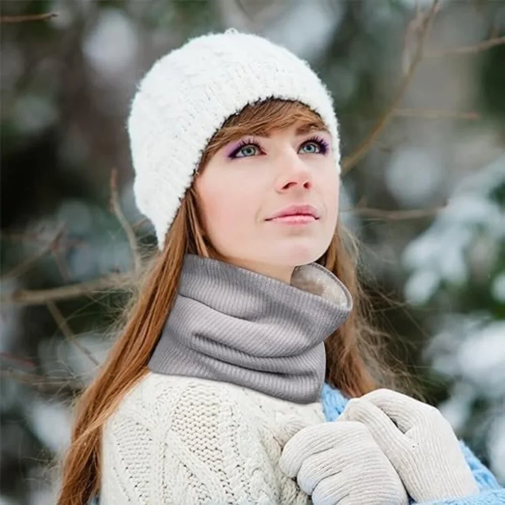 Women's H-black + grey Scarf Winter Double-Layer Neck Warmer Knit Fleece